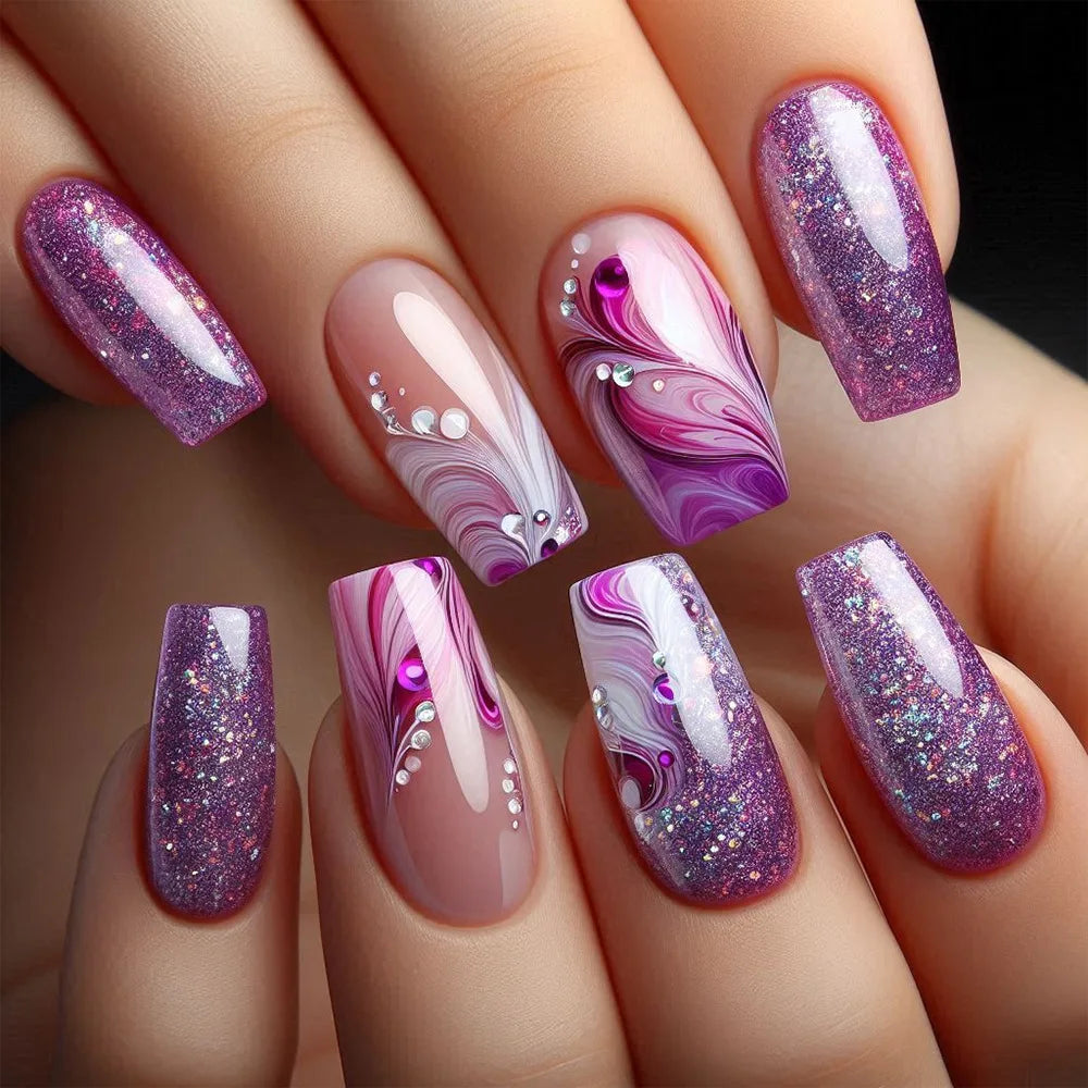 24Pcs Short Colorful Fake Nails French Ballet Star Moon Nail Art Stickers with Shiny Dreamy Wearable Full Cover Finger Press On 3