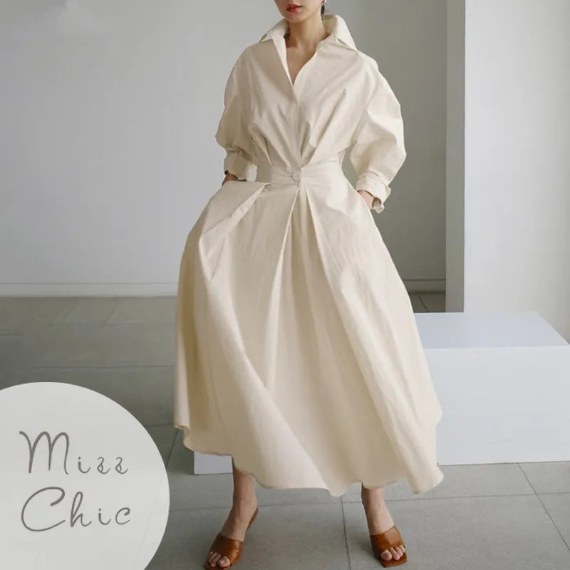 S-5XL 韓国ファッション長袖シャツドレスシックなターンダウンネックシャーリングマキシドレス女性 2022 秋冬服ストリート