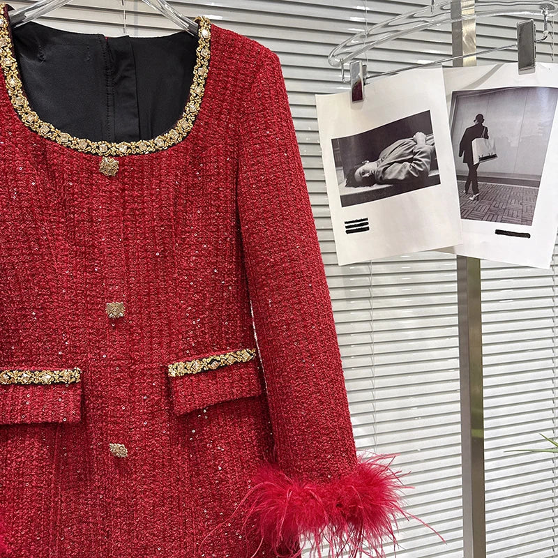 Winter New Fashion High-End Gold Rhinestone Beaded Edge Waist-Cinching Tweed Dress For Women Elegant Dresses 11A07688