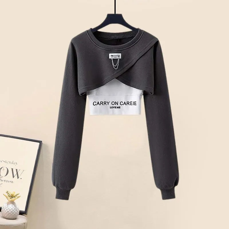 Women's Tracksuit Suit 2024 Spring Autumn New in Matching Sets Korean Fashion Short Sweater+Sport Sling+Trousers Three Piece Set Gray Set