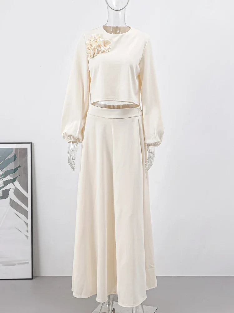 Ramadan Elegant 2 Piece Set Women Lantern Sleeve Flower Crop Top High Waist A-line Skirt Suit Spring Lady Abaya Turkey Sets