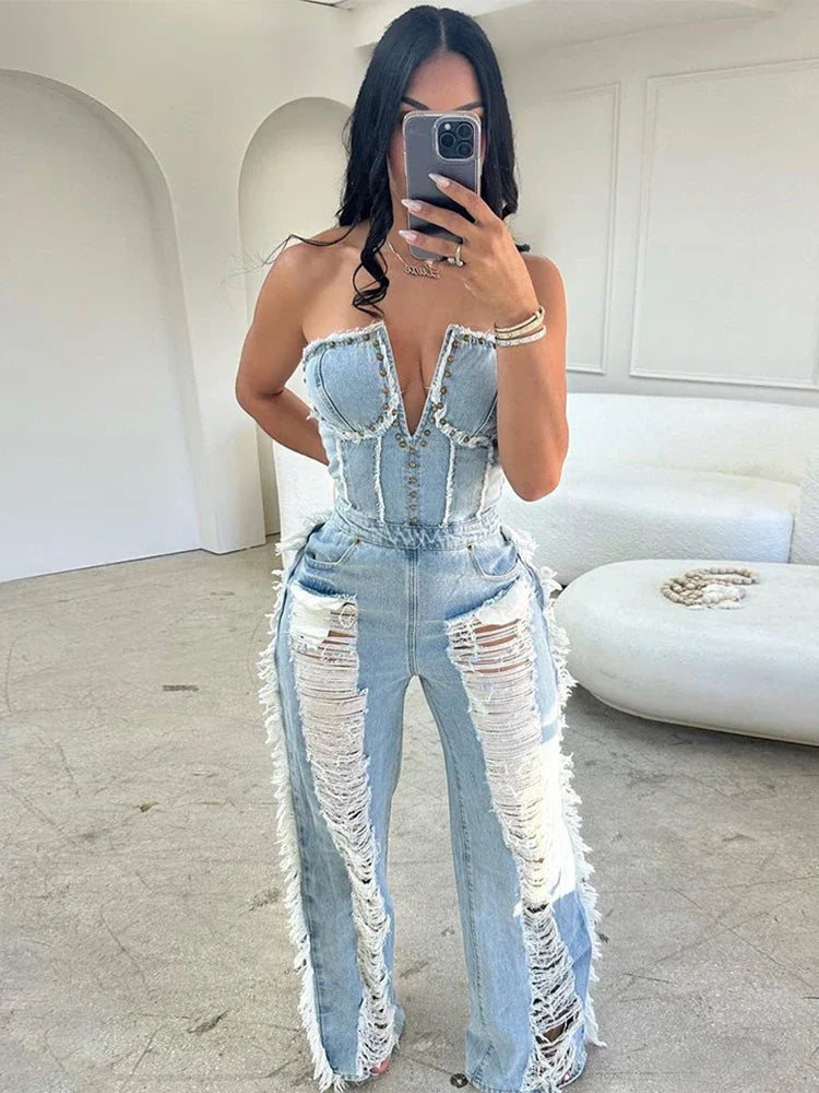 Sibybo Tassel Hollow Out Overalls For Women Studded Diamond Strapless Backless Jeans Street Fashion Trend Jumpsuite Femme Blue