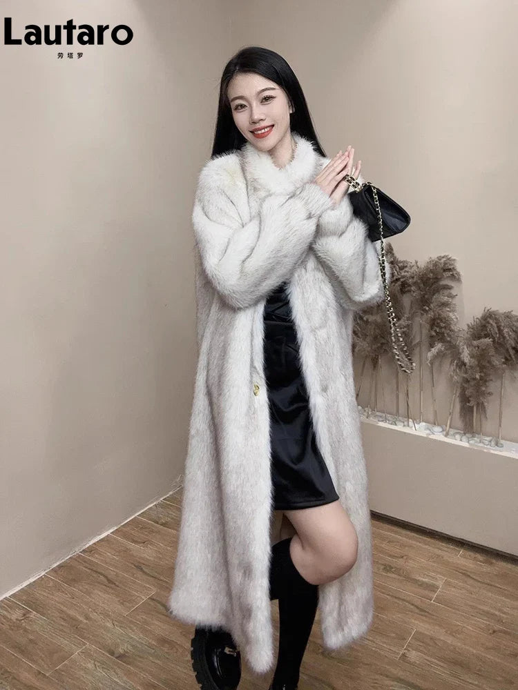 Autumn Winter Long Thick Warm Hairy Soft Faux Fox Fur Coat Women Stand Collar Elegant Luxury Chic Fluffy Jacket 2024