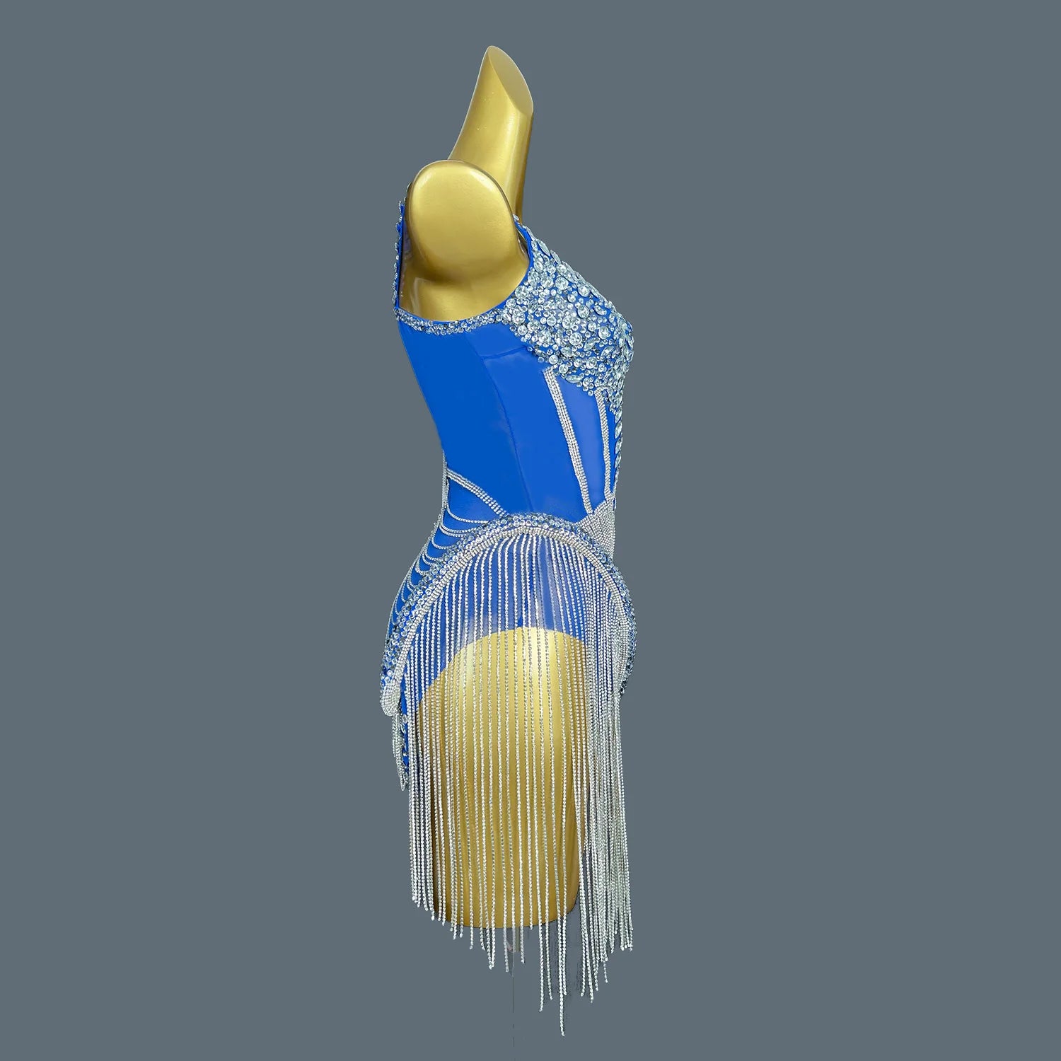Women Shiny Blue Crystal Chain Diamonds Dress Elastic Sexy Mini Night Club Performance Costume Birthday Party Dress Tassel Liehu