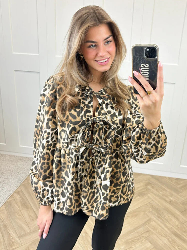 Fashion Leopard Printed Lace Up Shirts for Women Spring Summer Elegant Blous Female Casual Loose Y2K Chic Long Sleeve Tops