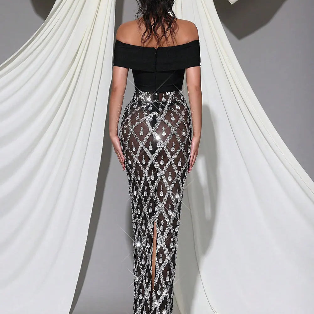 2025 Spring Sexy Women's Chiffon Patchwork Sparkle Nail Bead Long Dress V-neck Short Sleeve Bodycon Dress Cocktail Banquet Dress