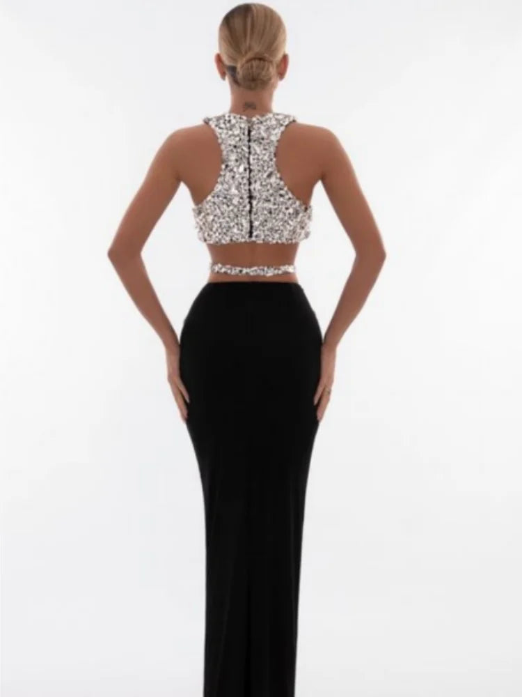 Sparkly Crystal Bodycon Tops 2 Pieces Bodycon Long Dress Women Sexy Off the Shoulder Nightclub Party Performance Costume
