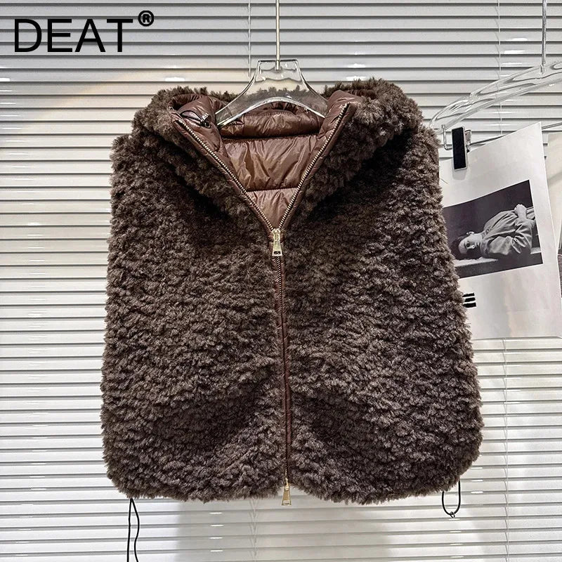 Winter New Fashion Fur Patchwork Design Hooded Warm Cotton Vest For Women Versatile High Street Waistcoat 11A07740