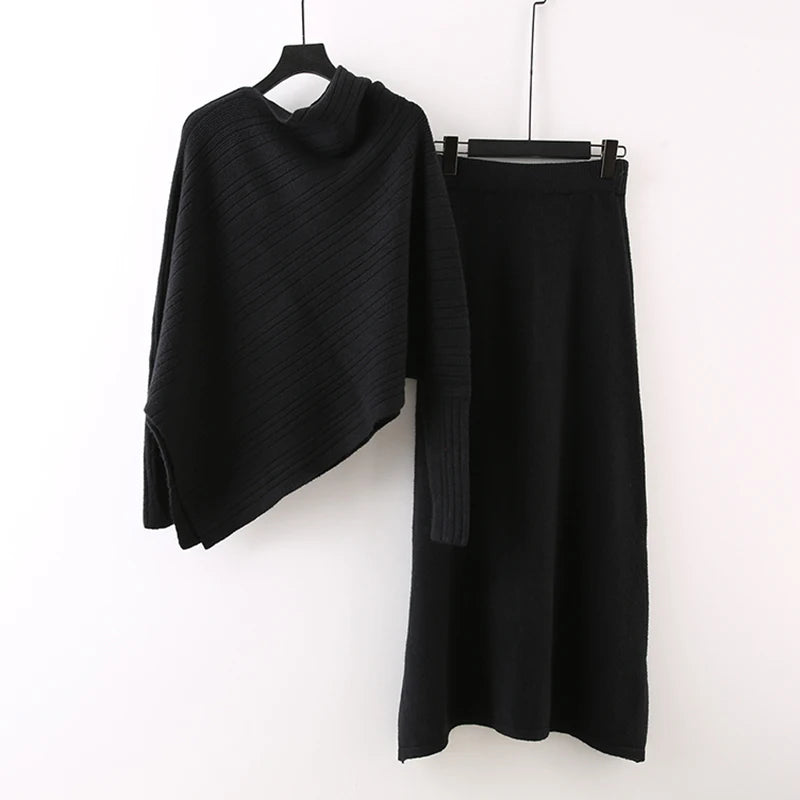 Autumn Winter Fashion Style Asymmetrical Batwing Sleeve Loose Knit Cardigan Elastic Waist Skirt Set For Women 11A07541 Black One Size