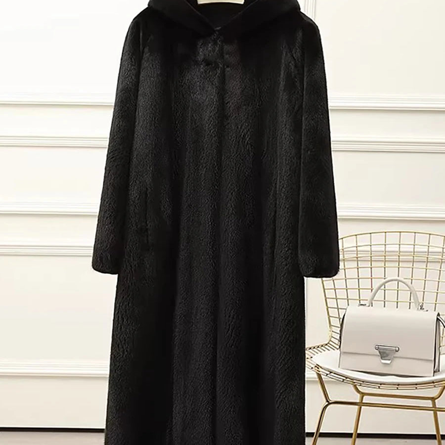 Lautaro Autumn Winter Long Luxury Elegant Thick Warm Fluffy Soft Faux Mink Fur Coat Women with Hood Black Furry Overcoat 2025 Black