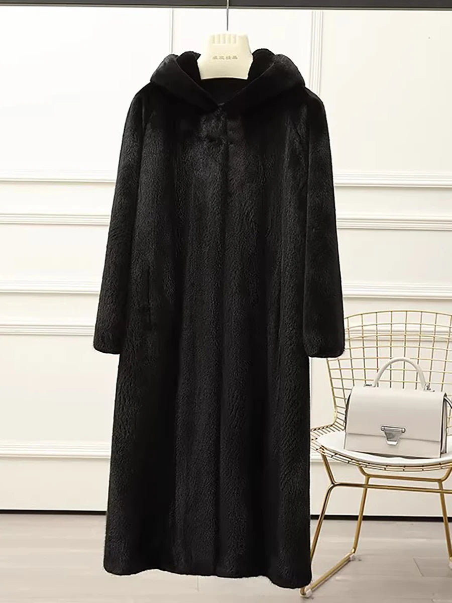 Lautaro Autumn Winter Long Luxury Elegant Thick Warm Fluffy Soft Faux Mink Fur Coat Women with Hood Black Furry Overcoat 2025 Black