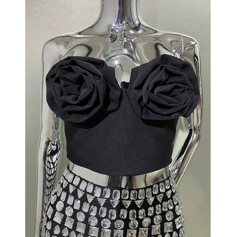 STOCK Stylish Sexy Woman Item Stereoscopic Flowers Strapless Top Summer Party Music Festival Vestido Holiday Vocation Outfit