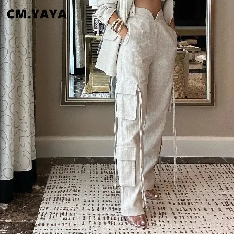 Fashion Women's Set Long Sleeve Blazer Suit and Wide Leg Cargo Pants 2023 OL Workout Two 2 Piece Sets Outfit Tracksuit
