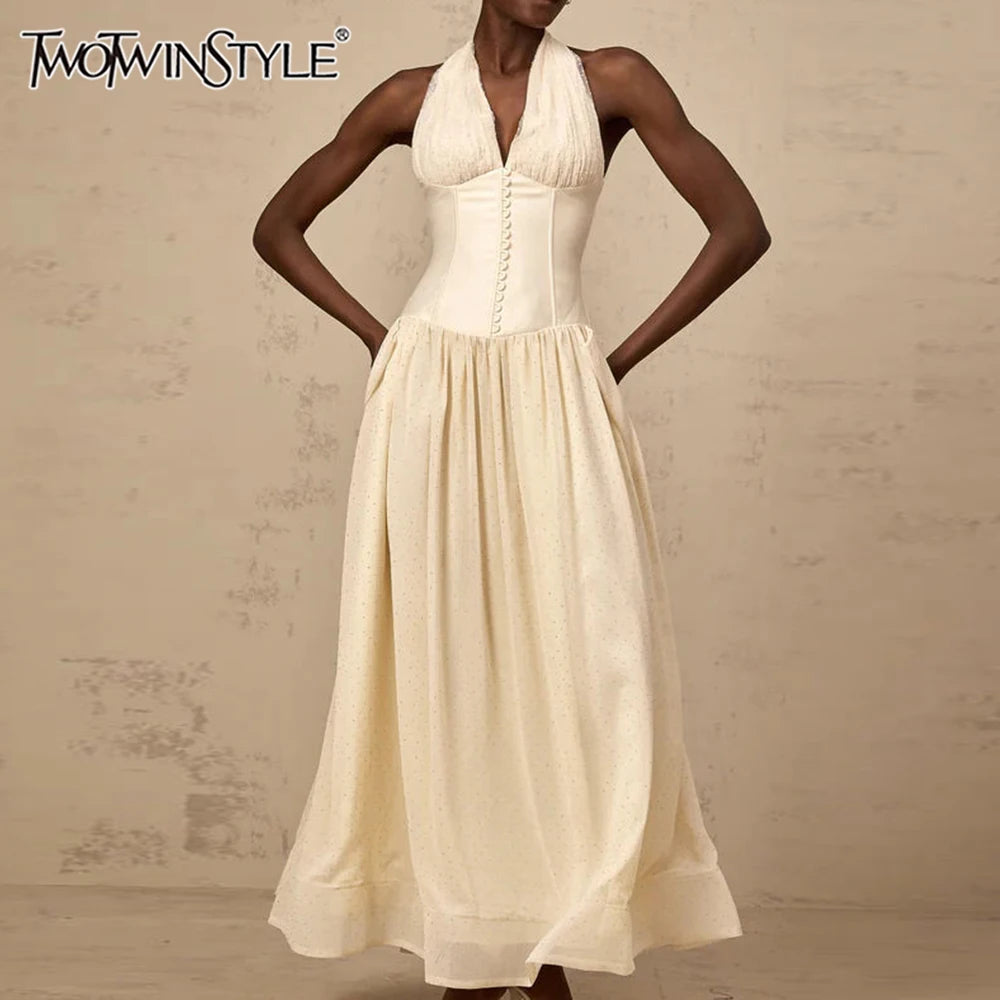 Solid Slimming Temperament Dresses for Women Halter Neck Sleeveless Patchwork Folds Tunic Elegant Dress Female New