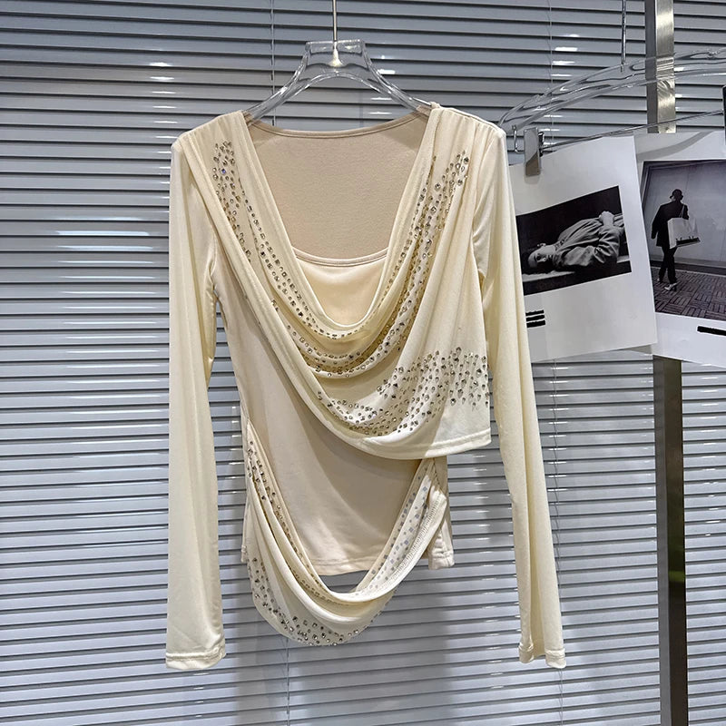 Winter New Light Luxury Style U-Neck Shiny Rhinestone Solid Color Ruched T-Shirt For Women Slim Fit Tops 11A07550 Champagne