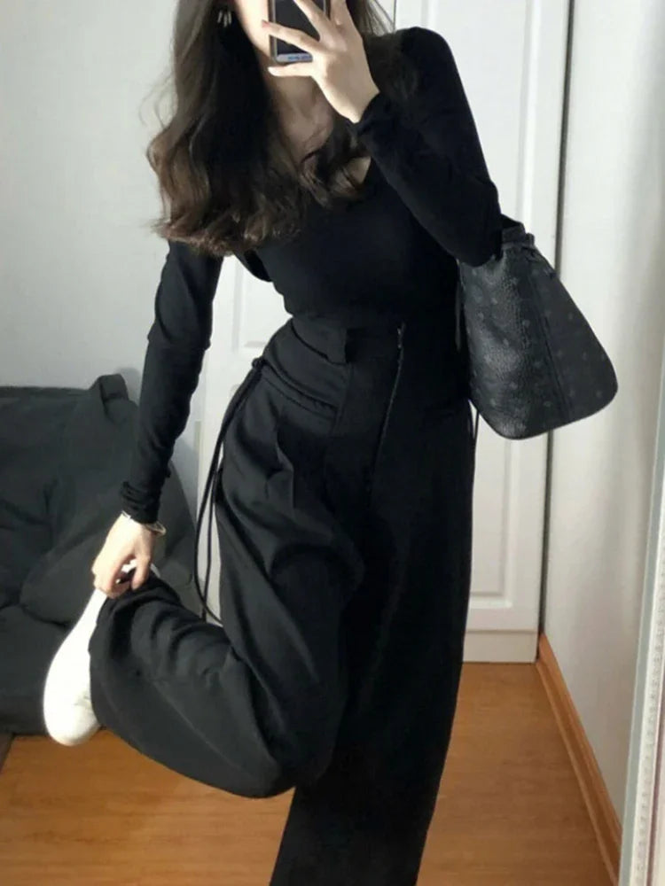 New Fashion Simple High-waisted Wide-leg Female Suit Pants American Full-length Black Casual Straight Solid Color Women's Pants black