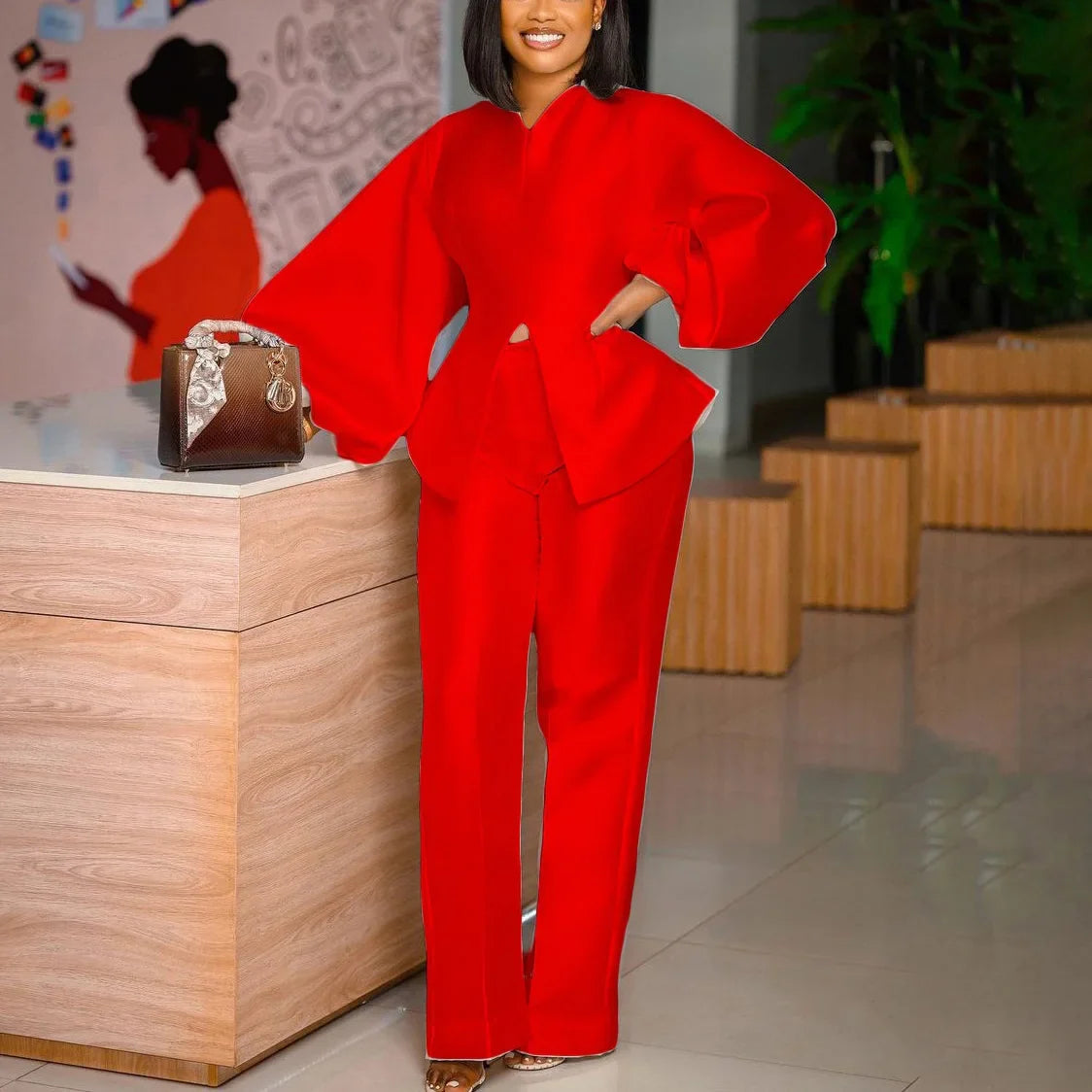 2 Pieces Pants Sets Womens Outfits Satin Solid Blouse Full Sleeve Pullovers & Long Trousers Elegant Office Work Wear Pants Sets