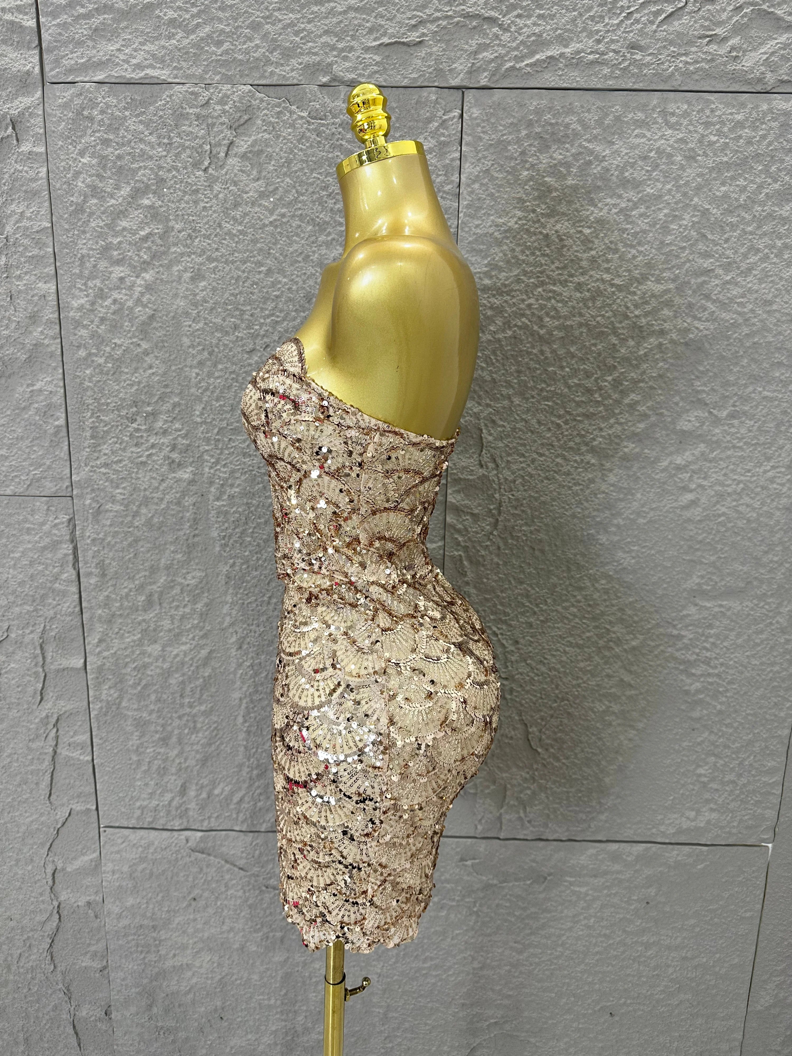 Elegant Silver Champagne Gold Strapless Mini Dress Women Sexy Sequin Form-Fitting Evening Party Nightclub Cocktail Party Costume