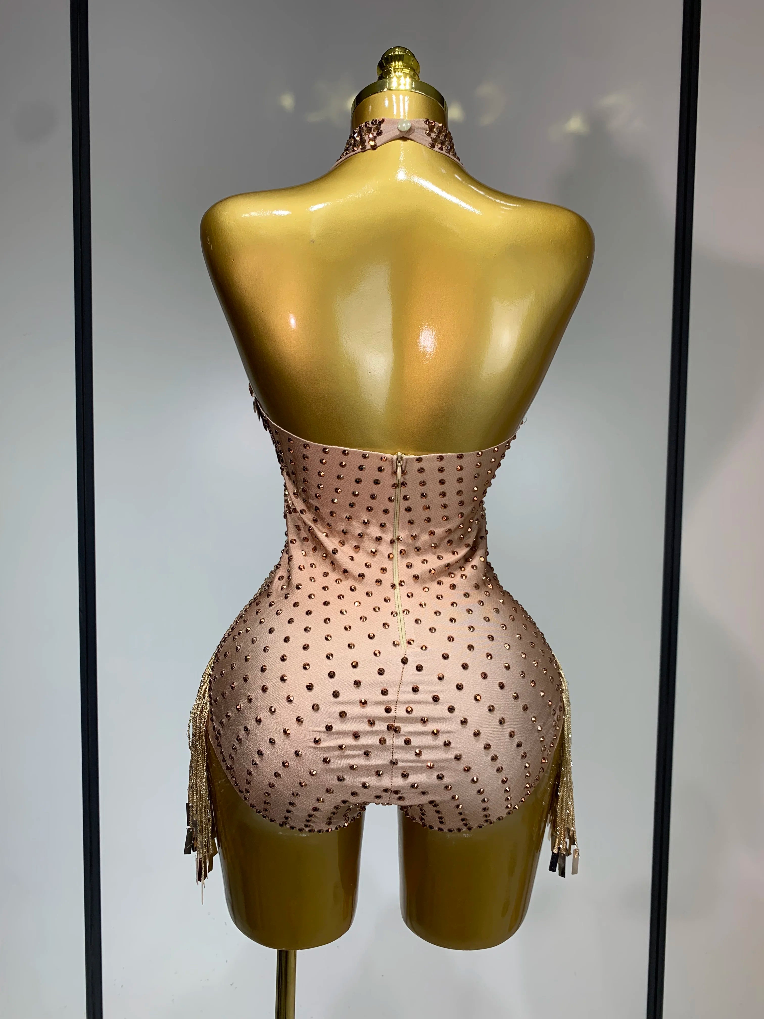 Luxury Sparkly Rhinestones Tassels Sequins Bodysuit Women Sexy Halter Backless Stage Performance Costume Club Birthday Outfit