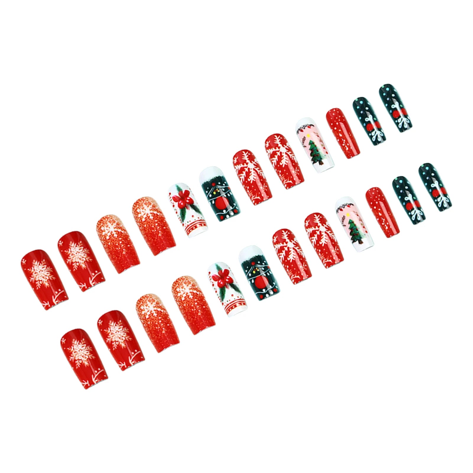Christmas Fake Nails 24Pcs Medium-length Squre Press On Nails Xmas Tree/Snowflake Printed Women Girls Charm Manicure Nails Art
