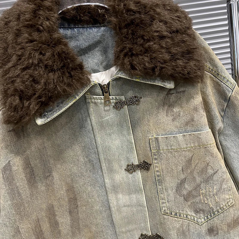 Autumn Winter New Casual Distressed Mid-Length Hook Large Fur Collar Dirty Look Denim Jacket For Women 11A07908