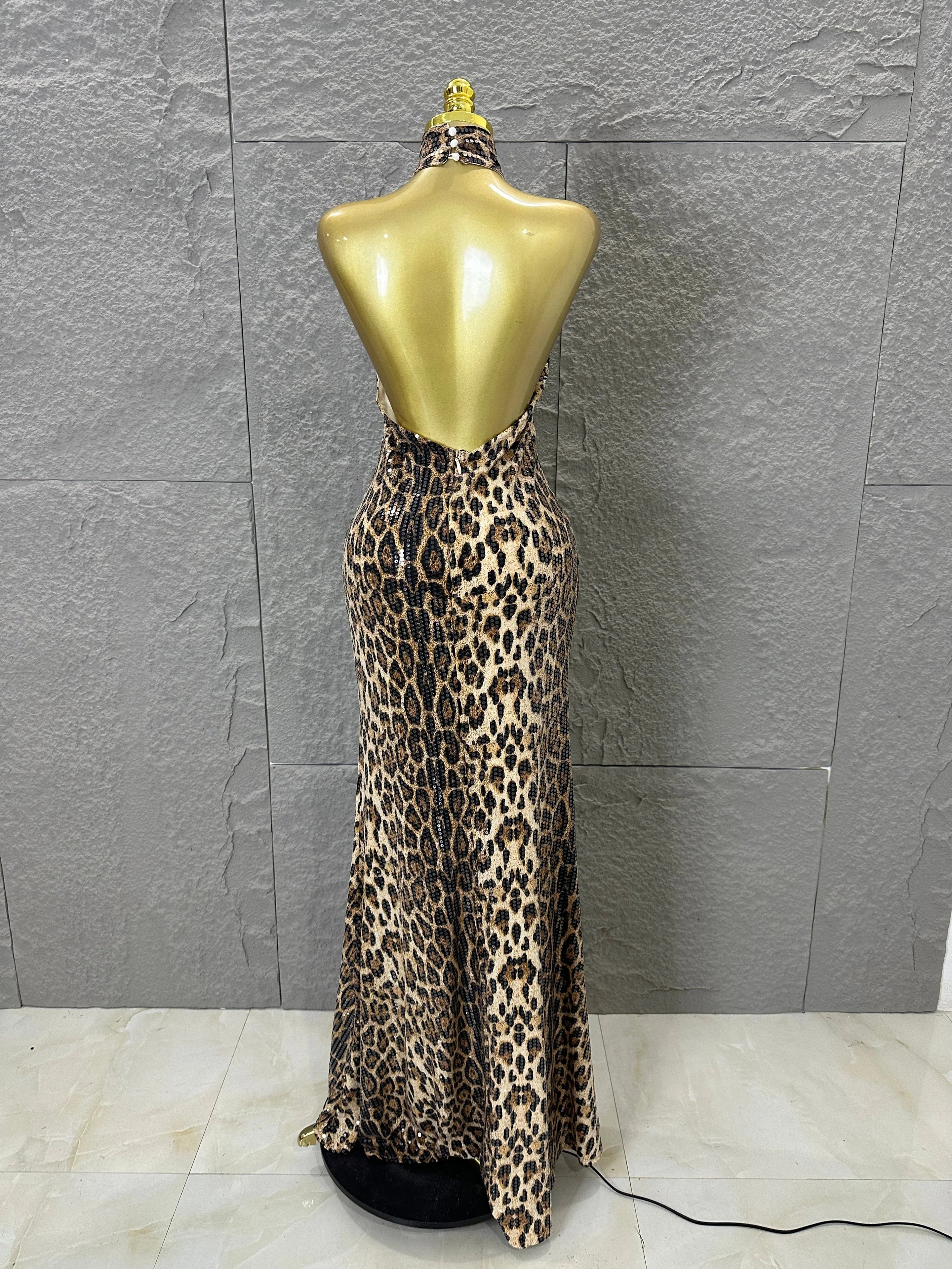 Refined Leopard Print Maxi Dress Women Sexy Halter Neck Sleeveless Sequin Embellished Bodycon Outfit Nightclub Party Costume