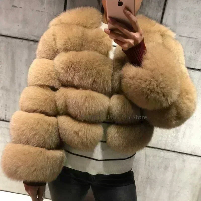 Women's Fashion Faux Fur Coat Super Hot Autumn Winter Women Short Faux Fox Fur Fluffy Jacket High Quality 5xl Ladies Furry Coats Light khaki