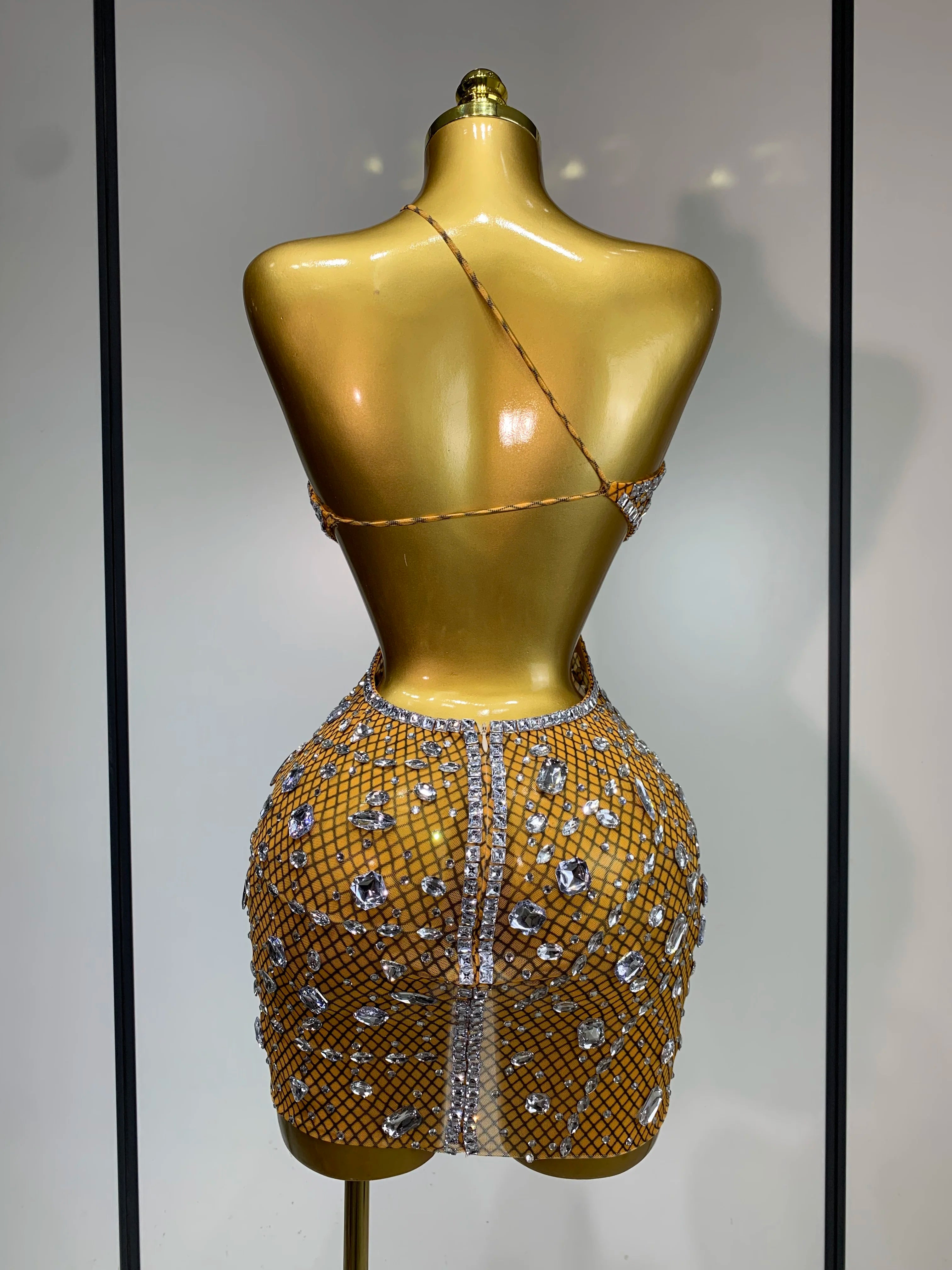 Sparkly Rhinestones Backless Mini Dress Women Sexy Mesh Transparent Celebrate Evening Birthday Dress Photo Shoot Stage Wear