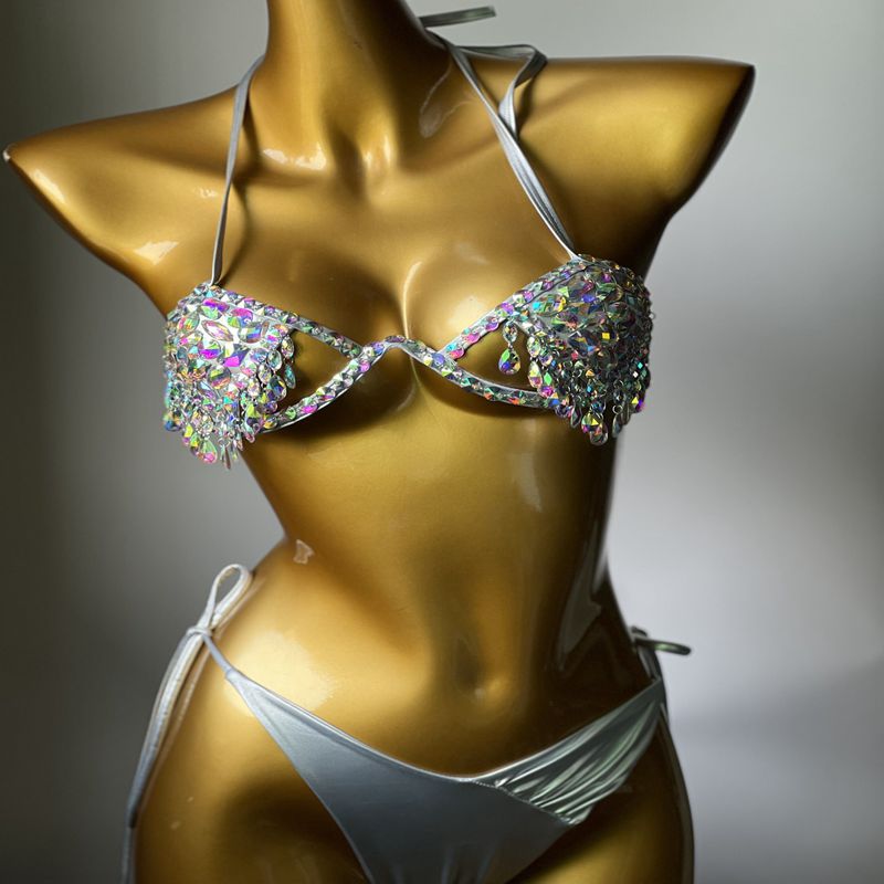 Sexy Gathered Rhinestone Bikini Luxury Crystal Diamond Women's Swimsuit Push Up Bandage Micro Swimwear Biquini Silver