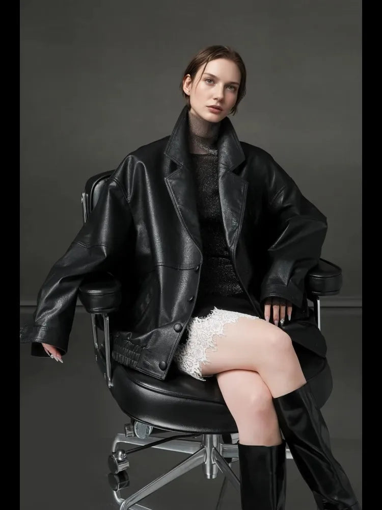 Lautaro Spring Autumn Oversized Waterproof Distressed Brown Pu Leather Jacket Women Single Breasted Luxury Designer Clothes 2025 Black