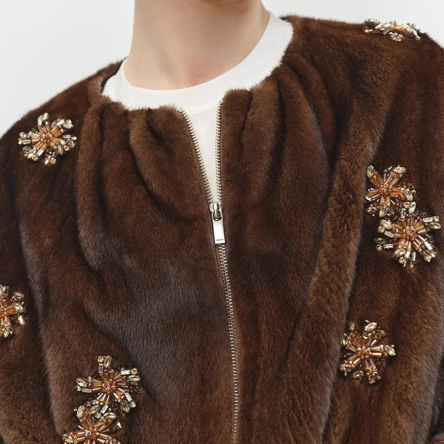 Lautaro Winter Luxury Elegant Thick Warm Soft Brown Short Faux Mink Fur Coat Women Beading Loose Stylish Chic Fluffy Jacket