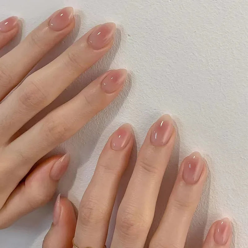24Pcs Fashion Almond Head Full Cover Nail Tips Nude Pink Oval Press on Fake Nails Short False Nails with Red Love Pattern Design W1657