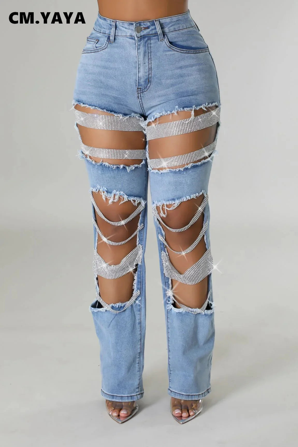 Women Fashion Pearl Beading Ripped Hollow Out Tassel Wide Leg Jeans 2024 New Summer INS Street Denim Pants Trousers