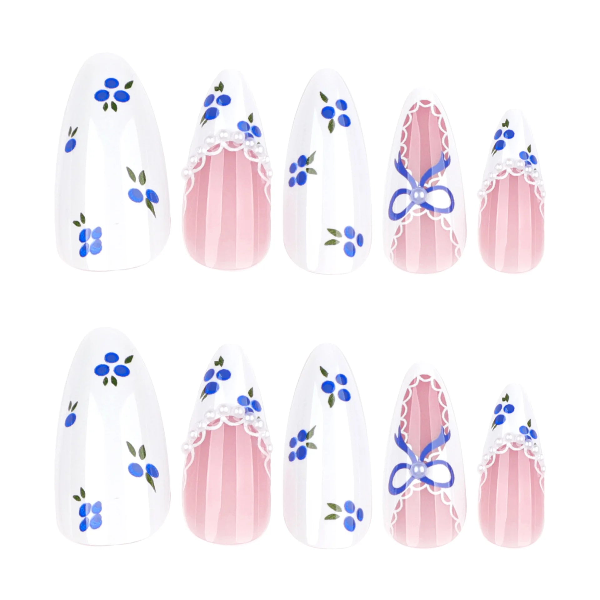 24pcs Glossy White Almond Fake Nails Blueberry Print Blue Bowknots French Style Press On Nails Pearl Decor Spring False Nail