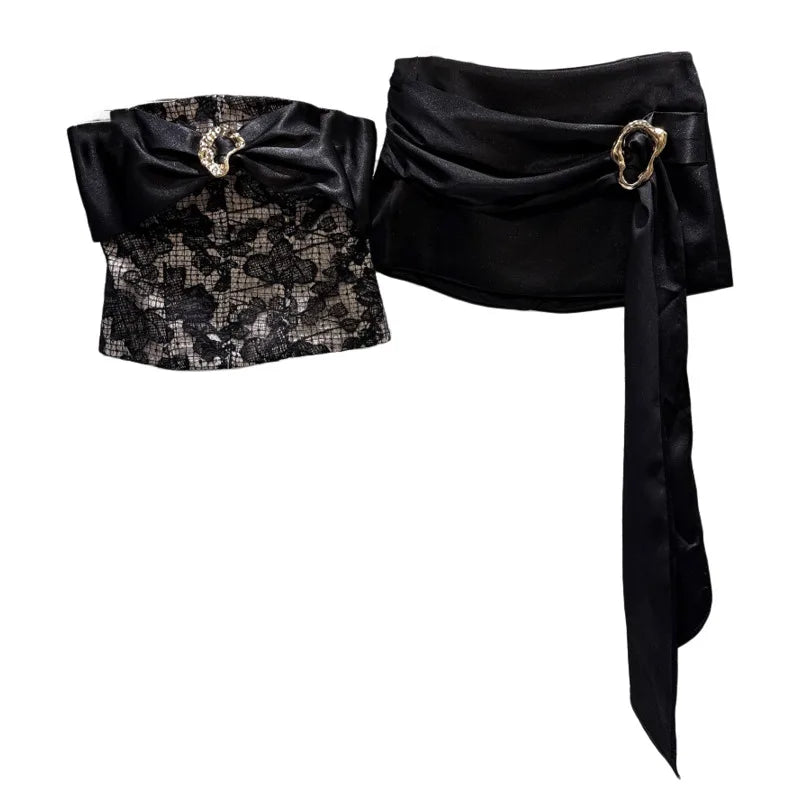 Winter New Fashion Bow Lace Patchwork Strapless Top For Women Ribbon Wrapped Hip Short Skirt Female Trend 11A07752