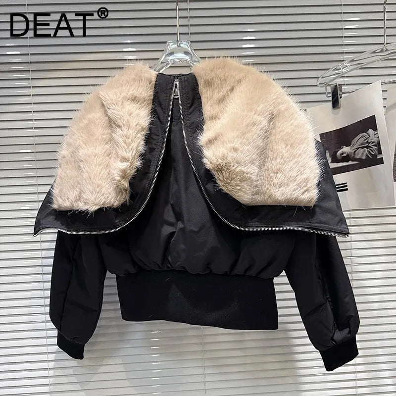 Winter New Fashiona Zipper Big Fur Sailor Collar Waist-Cinching Short Cotton Jacket For Women Short Coat 11A07588