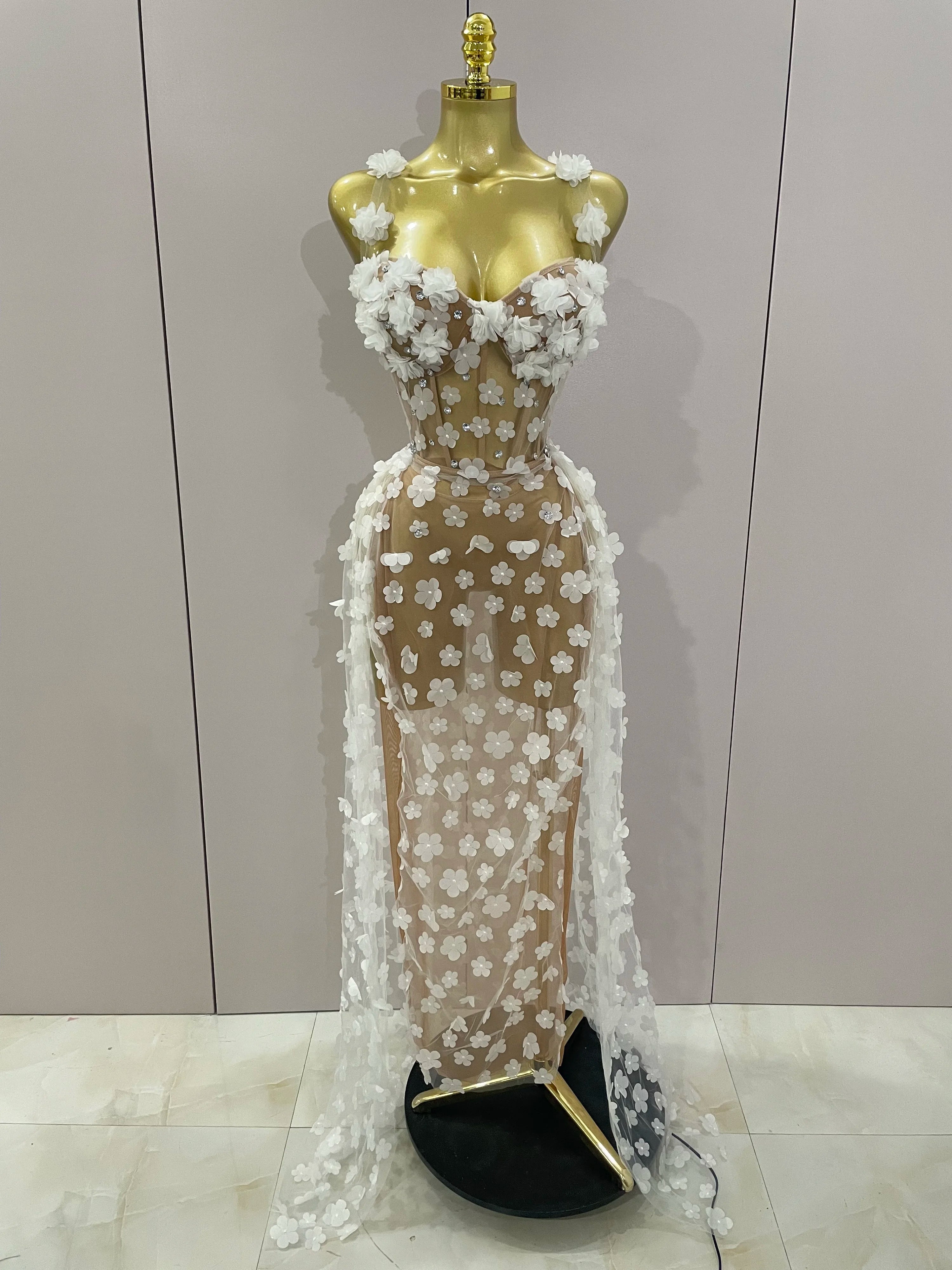 Sexy Mesh See Through Flowers Backless Long Dress 2025 Women Elegant Party Wedding Celebrate Evening Gown Prom Hotwife Outfit WHITE