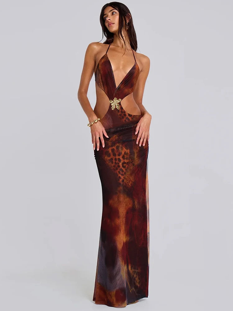 Halter Deep V Neck Print Sexy Maxi Dress For Women Gown Summer New Hollow Out Sleeveless Backless Beach Long Dress Brown
