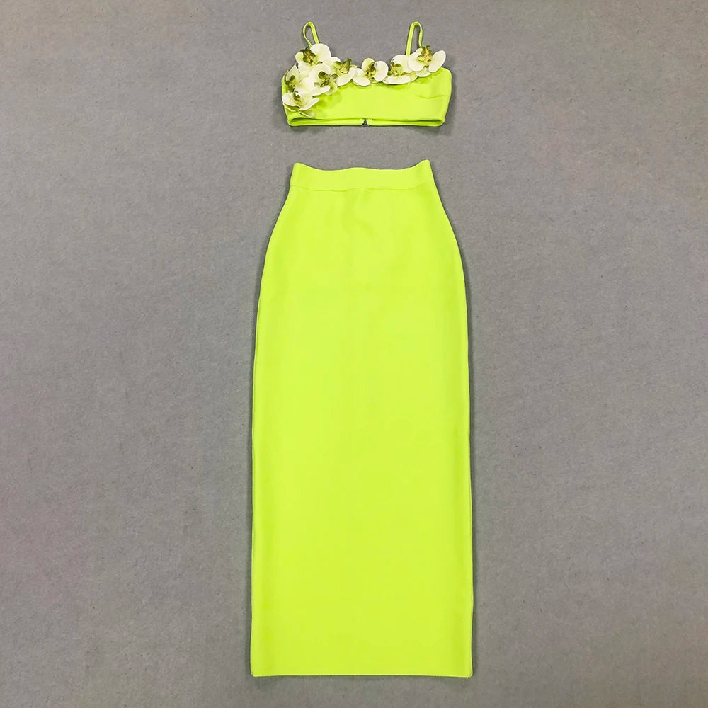 Green Color Women Sleeveless Sexy Strap Square Collar 2 Pieces Bodycon Long Bandage Dress Celebrate Birthday Dress
