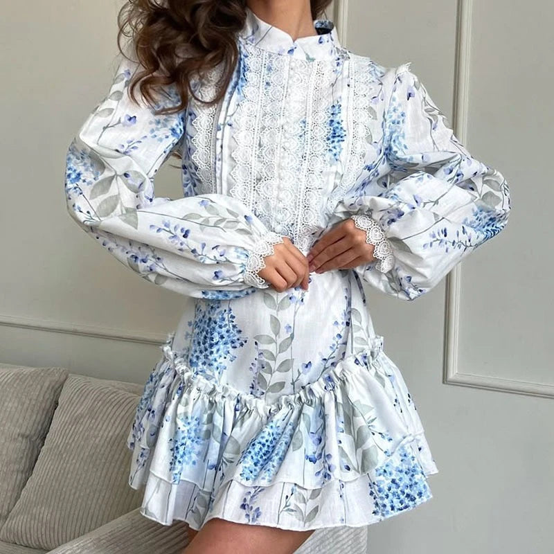 Hit Color Spliced Printing Elegant Dresses for Women High Waist Long Sleeves Patchwork Ruffles Folds Dress Female