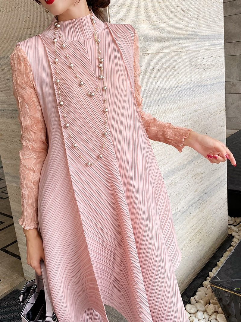 Sets Women Pleated Two Piece Set Fall Winter New Loose Casual Suit Lace Fashion Long Dress Top Pencil Pant Clothes Pink One Size