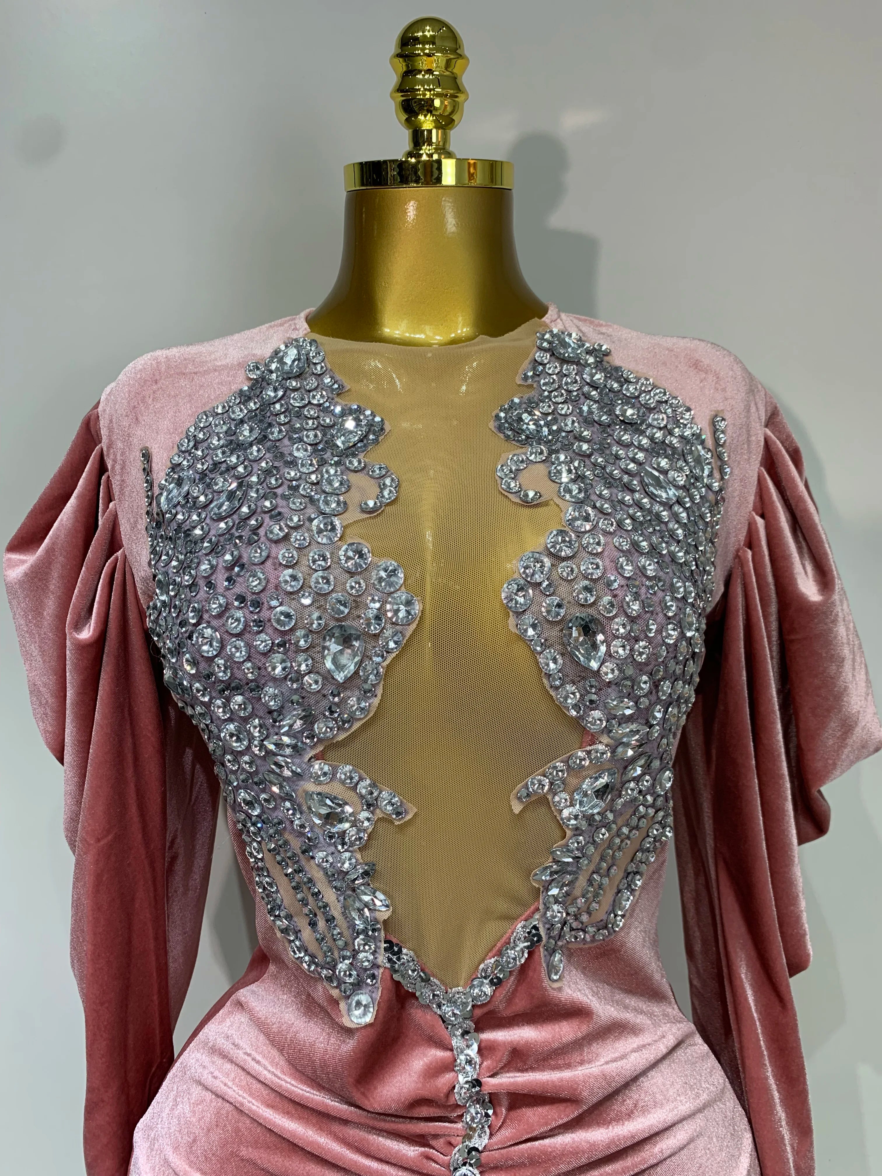 Luxury Birthday Dress Sparkly Crystals Sexy Mesh Velvet Short Dress 2025 Women Elegant Evening Party Nightclub Stage Costume