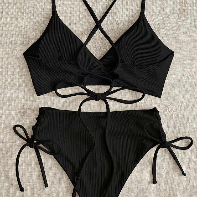 Bikini Women Swimsuit New Solid Black High Waist Bikinis Set Lace Up Bathing Suit Swimwear Summer Brazilian Beach Two Piece