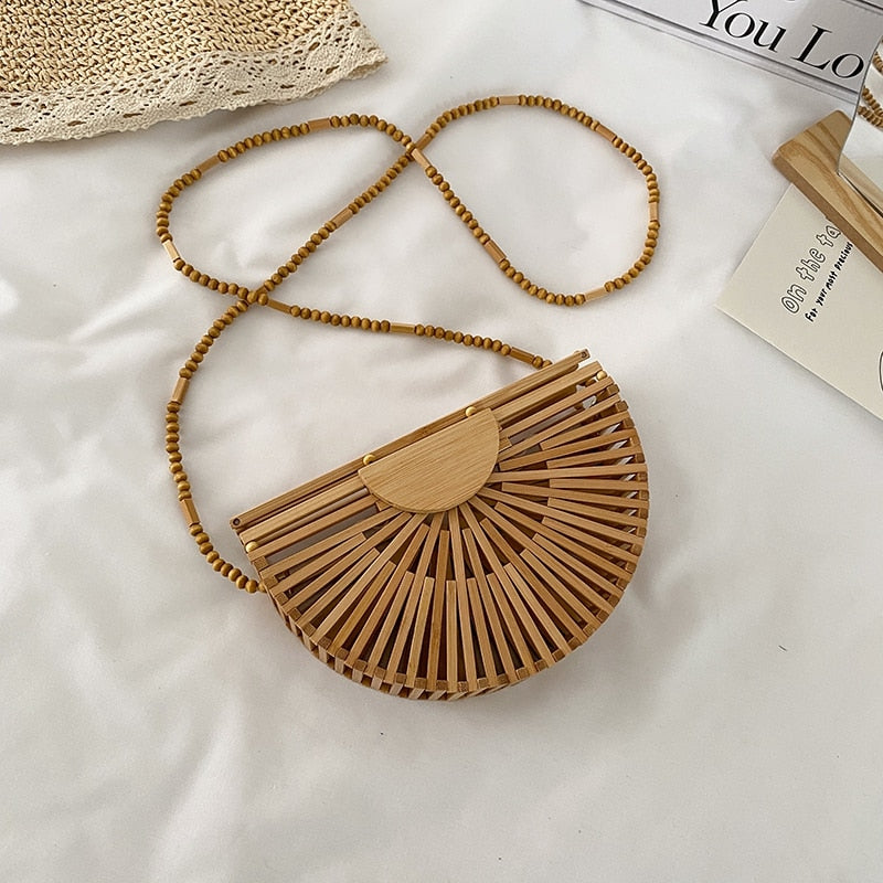 Semicircle Bamboo Small Crossbody Shoulder Bags with Handle for Women 2024 Summer Branded Luxury Beach Handbags Fashion Weave Small 14x10x5 cm