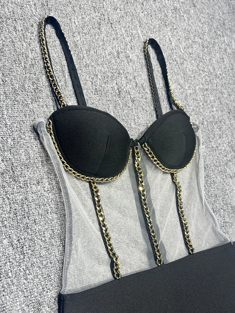 Black Bandage Short Dress Women 2024 Fashion Summer Sexy Spaghetti Strap Mesh Patchwork Perspective Mini Dress