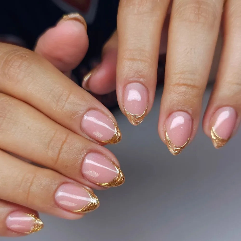 24Pcs 3D Golden French False Nails with Glue Wearable Round Head Press on Fake Nails Tips Almond Reusable Manicure for Women 057