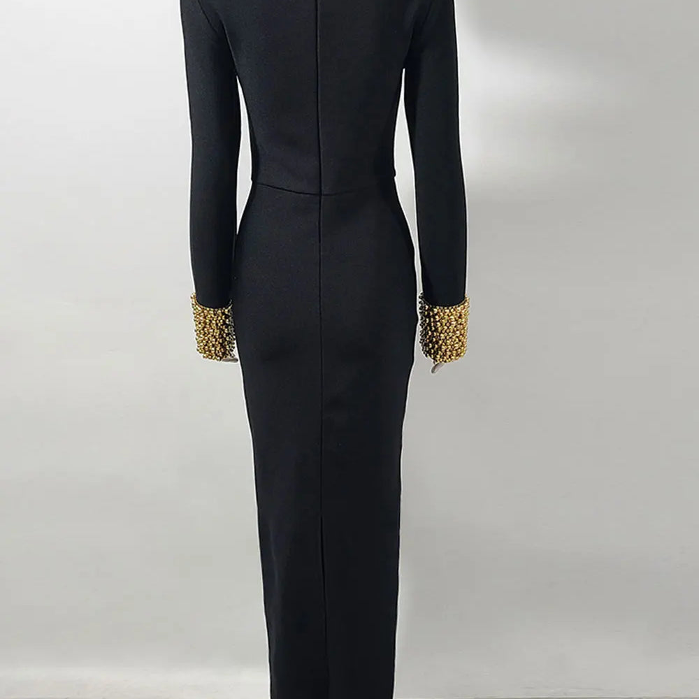 2025 Elegant Women Light Luxury Nail Bead Design Bandage Dress High Collar Long Sleeve Bodycon Long Dress Evening Party Vestidos