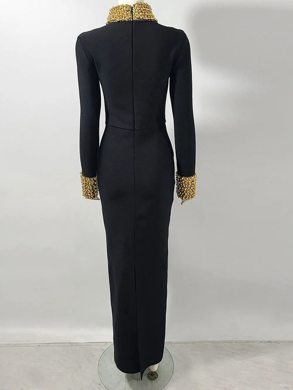 2025 Elegant Women Light Luxury Nail Bead Design Bandage Dress High Collar Long Sleeve Bodycon Long Dress Evening Party Vestidos