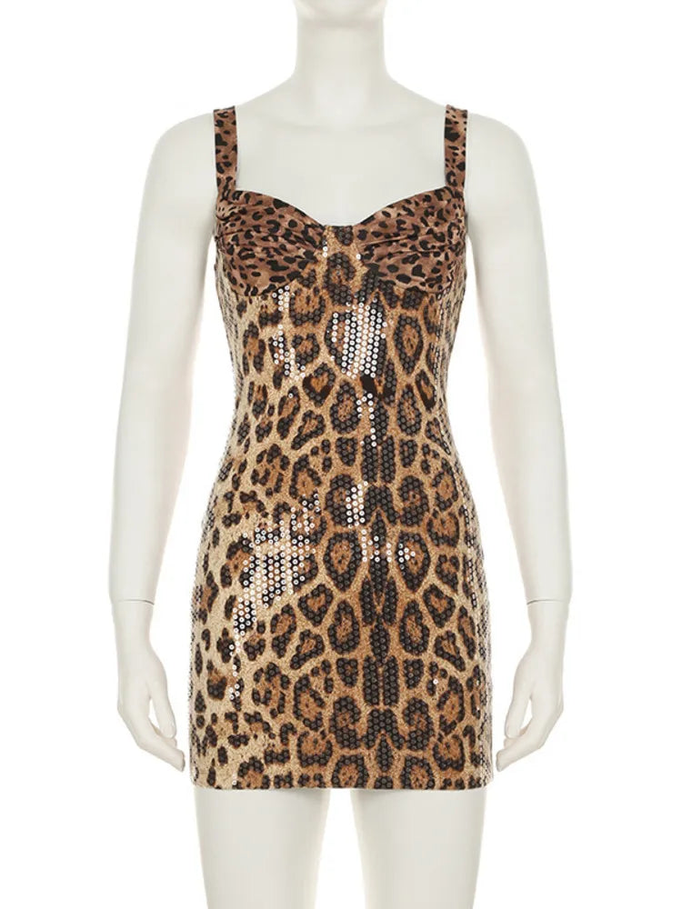 Sequins Leopard Print Sexy Mini Dress For Women Summer New Spaghetti Strap Sleeveless Backless Club Party Dress Brown