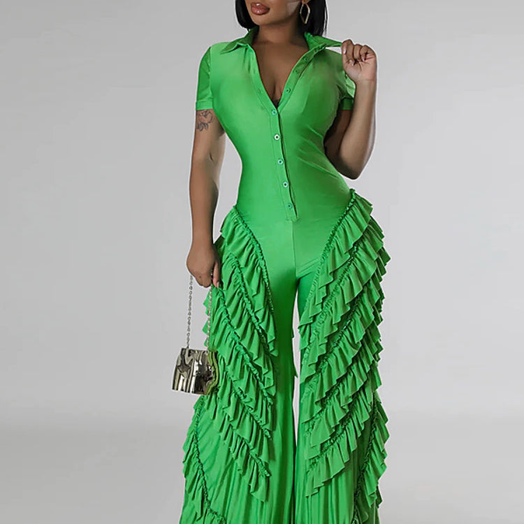 Fashion Women Mult Ruffles Short Sleeve Zipper Fly Wide Leg Shirt Jumpsuit 2024 Streetwear Romper One Piece Set Playsuit